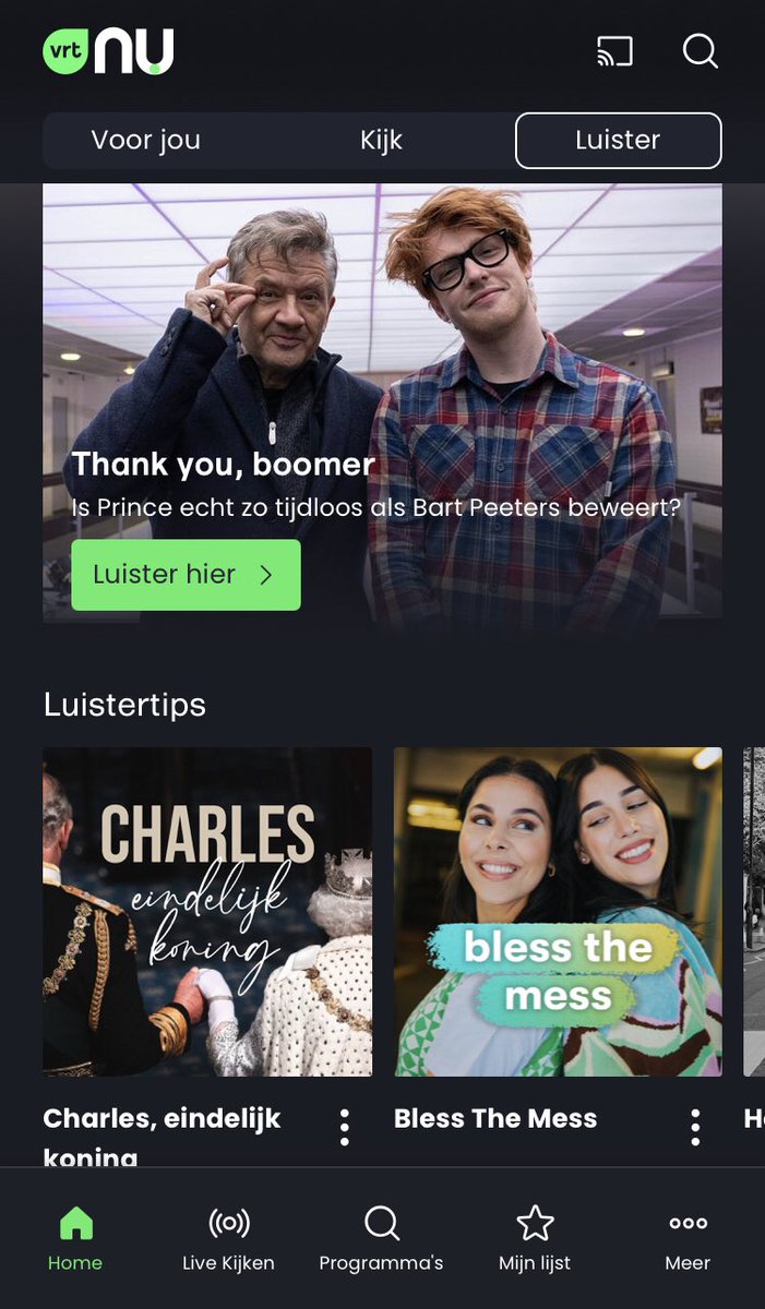 graever_'s tweet photo. Geef je @VRT_NU app even een update want vanaf vandaag ontsluiten we ons volledige podcastaanbod (en da’s heel wat!) op heel gebruiksvriendelijke manier. Vanaf vandaag kan je daar ook de nieuwe reeks ‘Charles, eindelijk koning’ ontdekken. En morgen nóg meer vers en straf aanbod! https://t.co/FYfkkUy70G