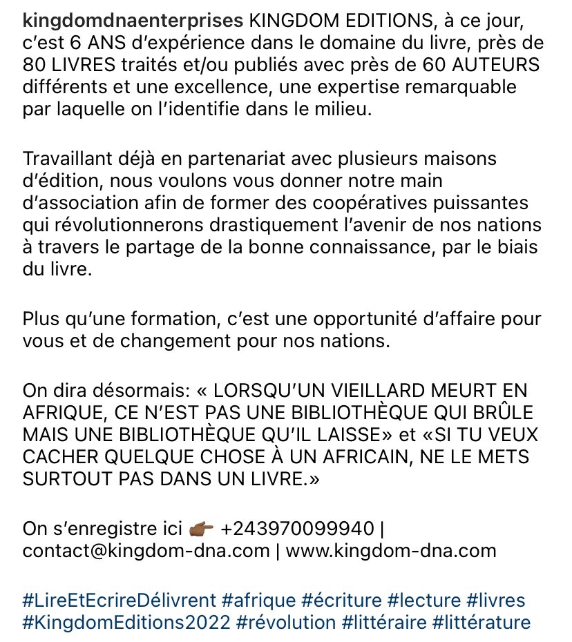 Cette formation UNIQUE vous donnera à vous et à nous l’occasion de travailler ensemble, dans un partenariat, pour promouvoir la littérature en AFRIQUE et booster votre entreprise ou projet d’entreprise. 

On y va 💪🏾 👉🏾 +243970099940 | contact@kingdom-dna.com

#livres #Afrique