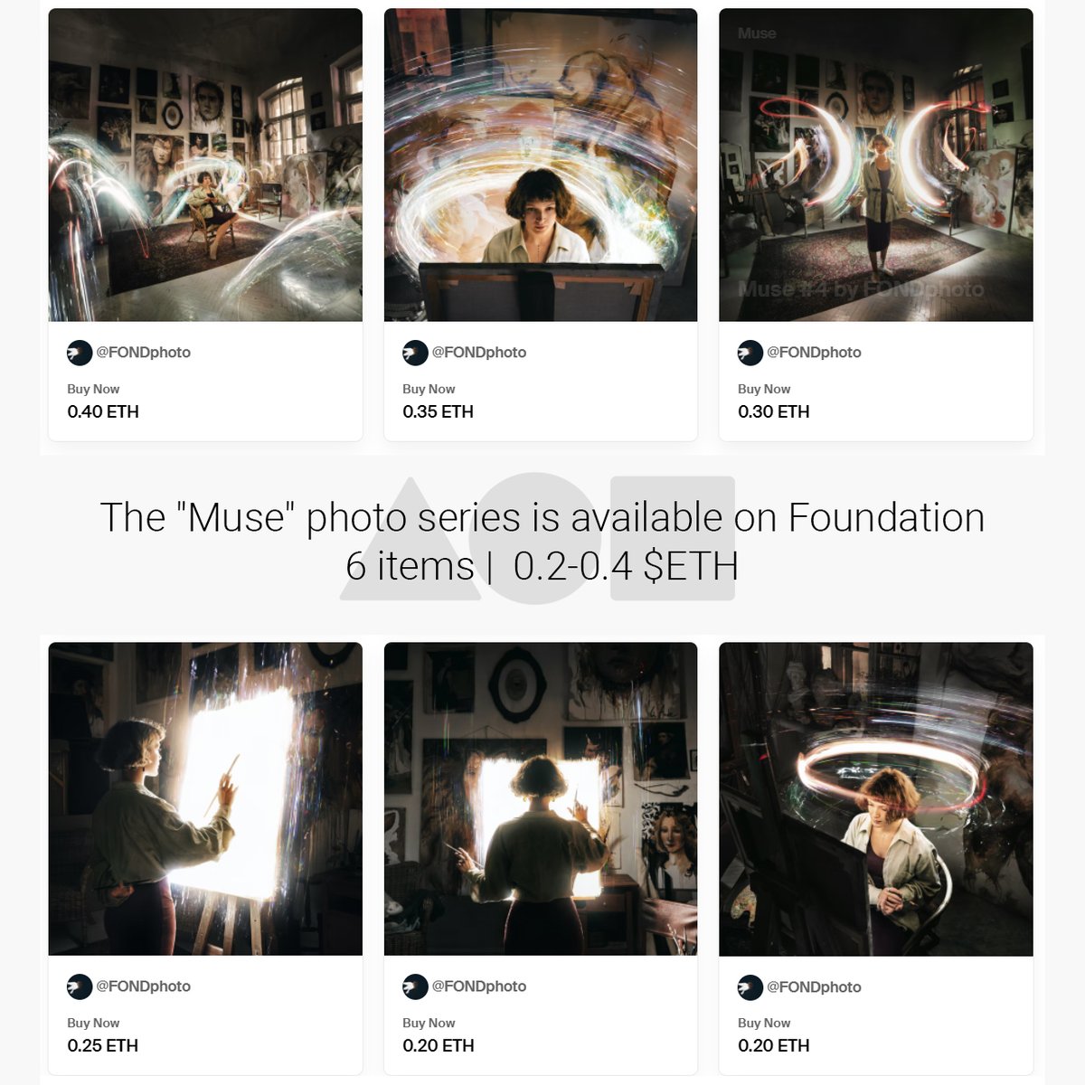 Muse
6 photos | 0.2-0.4 $ETH 

Artist Lida's streams of inspiration in her art studio.
Long exposure photography with light painting.

foundation.app/collection/mus…

#lightpainting #photography #foundation #NFT