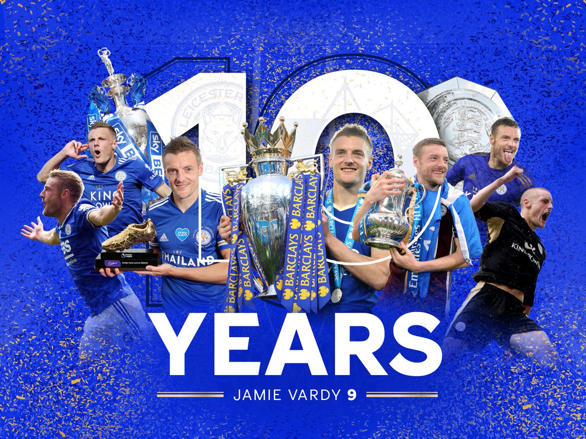 LCFC's tweet photo. 🏆 Premier League
🏆 FA Cup
🏆 Premier League Golden Boot
🏆 FA Community Shield
🏆 Championship

🔟 years of the 🐐 https://t.co/h067VTODVE