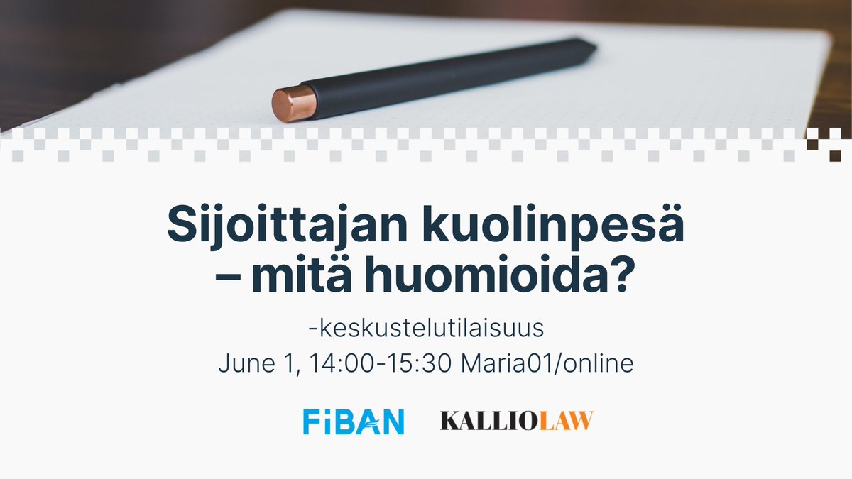 FiBANorg's tweet photo. Mitä jokaisen enkelisijoittajan tulisi huomioida kuolinpesän osalta? Tervetuloa keskustelemaan aiheesta 1.6. klo 14:00-15:30 (Maria01/Zoom) ja vaikuttamaan samalla keskustelun pohjalta rakennettavan oppaan sisältöön.
➡️Ilmoittaudu mukaan: https://t.co/r6K4JKS6zy
(vain jäsenille) https://t.co/vxIRaO28Sz