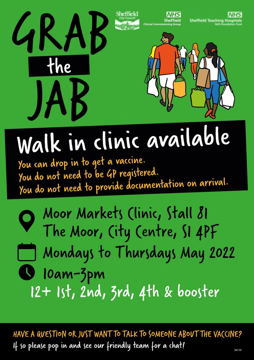 MoorSheffield's tweet photo. Grab a jab at @TheMoorMarket this May! 💉 Every Monday to Thursday they will have a walk-in clinic available for ages 12+!
#GrabAJab #StaySafeSheff #SheffieldCityCentre https://t.co/2uLTxBPfnT