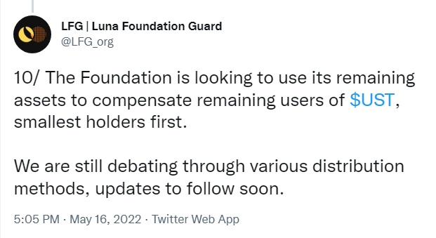 pushpendrakum's tweet photo. The Foundation is looking to use its remaining assets to compensate remaining users of $UST, smallest holders first. 

We are still debating through various distribution methods, updates to follow soon.  - LUNA FOUNDATION GUARD https://t.co/ZzY3PtH4fq
