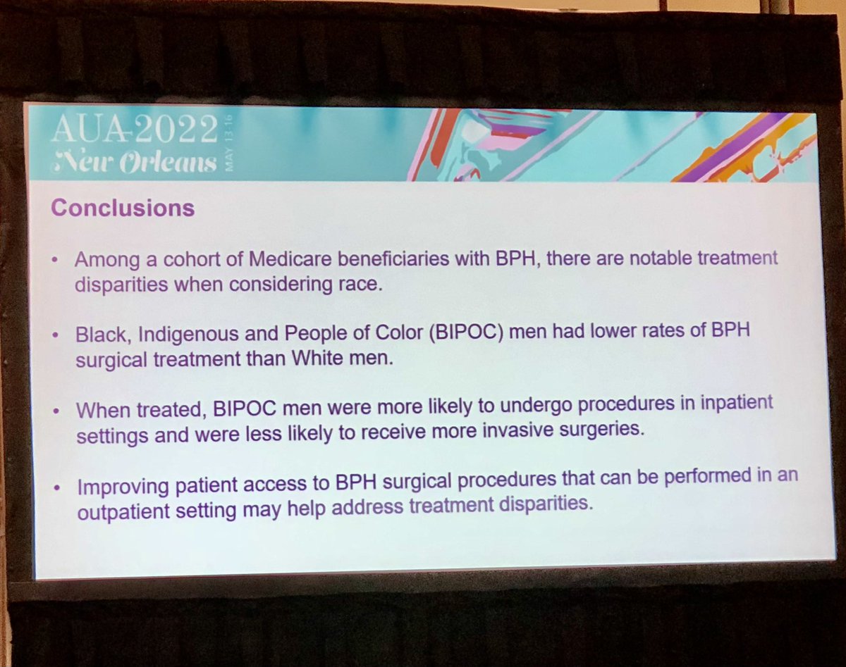 bcutone's tweet photo. Presented by Dr. Gopi Narang: Medicare BIPOC men 20% less likely to receive surgery for BPH v. white men but when BIPOC men do undergo BPH surgery more likely to receive it in an inpatient setting v. outpatient. #AUA22 @MayoMitch @bsc_urology https://t.co/Mbg4hnRRrE