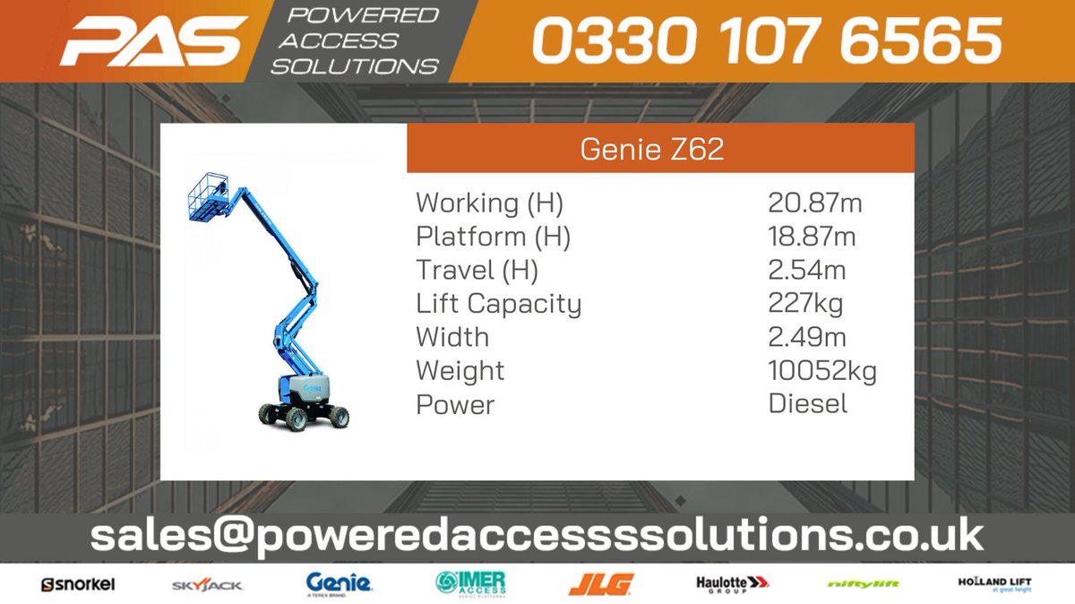 🟠🟠The Genie® Z62/40 🟠🟠

The Genie Z-62/40 articulating boom lift provides lifting versatility with a combination of up, out and over positioning capabilities with outreach that’s second to none.

View &amp; Download product spec - poweredaccesssolutions.co.uk/boom-hire/geni…

#Poweredaccess
