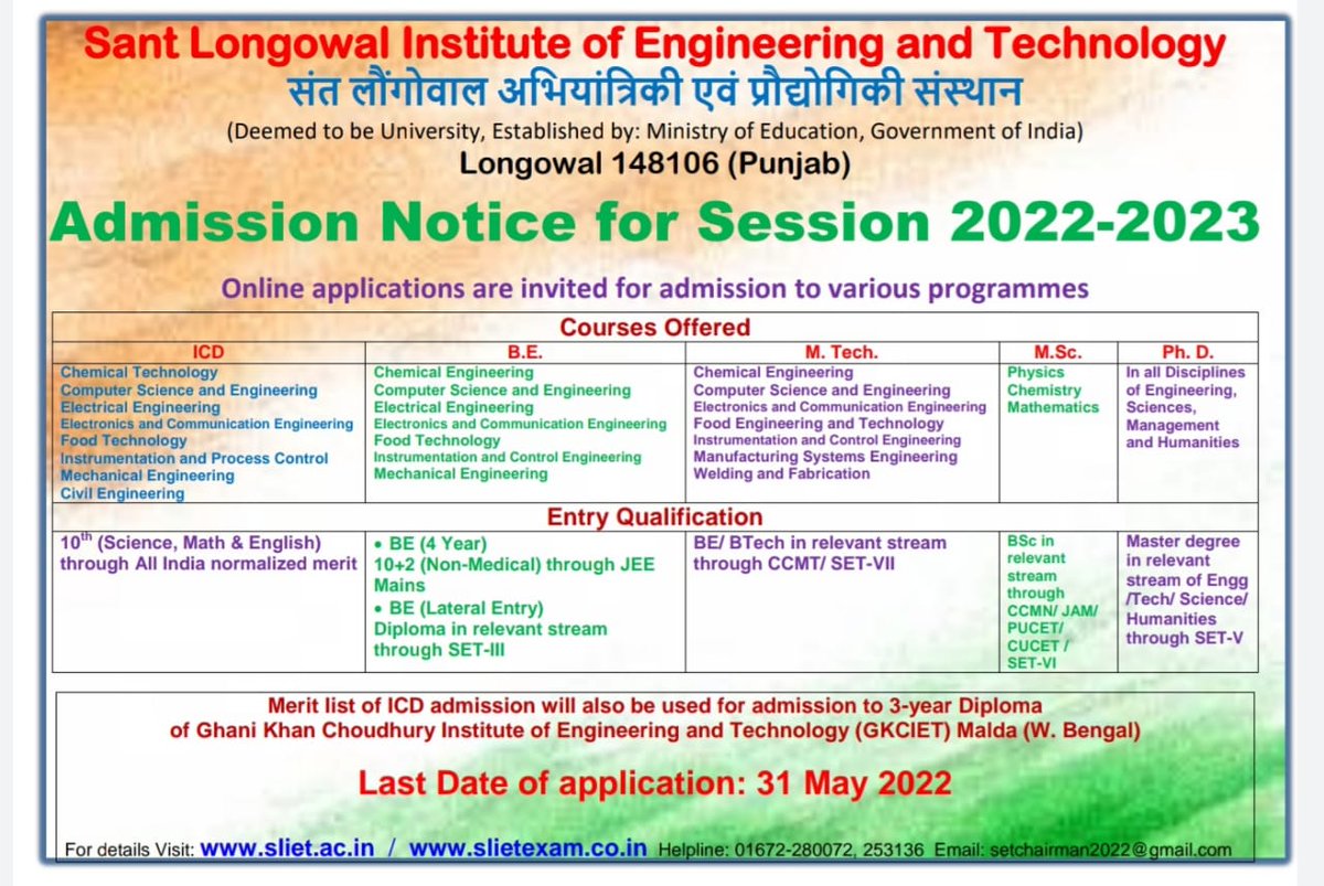 officialsliet's tweet photo. Admission open for session 2022-23. Last date extended to 31 May 2022 https://t.co/UOTe1tRjvT