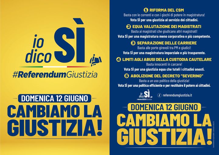 MENO 27!
++ #REFERENDUMGIUSTIZIA, IL 12 GIUGNO IO DICO SÌ: CAMBIAMO LA GIUSTIZIA ++

🗳 Un voto per cambiare finalmente la Giustizia!

Ecco i quesiti:
- Riforma del CSM
- Equa valutazione dei magistrati
- Separazione delle… facebook.com/50315025116667…
facebook.com/iodicosi.giust…