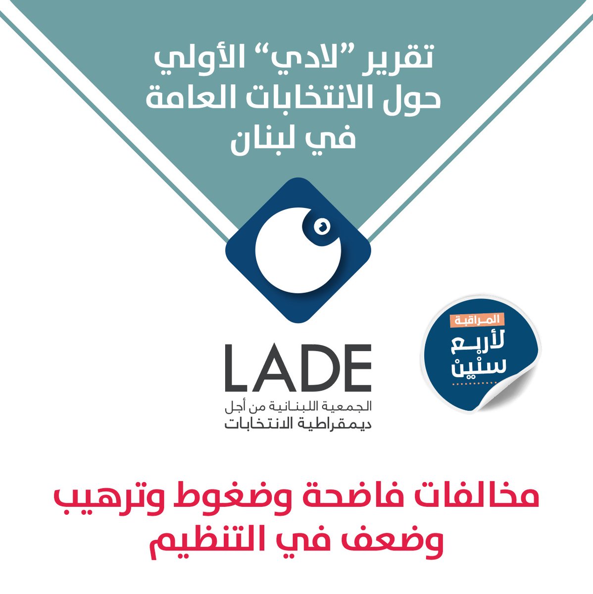 LADELEB's tweet photo. تنشر الجمعية اللبنانية من أجل ديمقراطية الانتخابات #لادي تقييمها الأولي لعملية الاقتراع التي جرت يوم الأحد 15 أيار 2022.
 للاطلاع على التقرير، يرجى الضغط هنا: https://t.co/hv3eqwwXEg
#انتخابات_٢٠٢٢
#لأربع_سنين https://t.co/axApBrRQLm