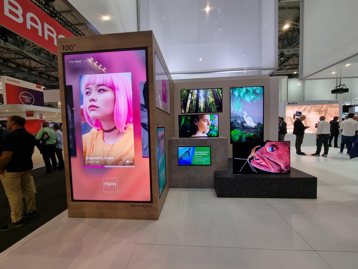 7thSenseDesign's tweet photo. Our friends at #Sony used a total of 6 7thSense Infinity Media Servers on their stand at #ISE2022 last week - driving 2 stunning Crystal LED (#CLED) displays (one measuring 220" & the second measuring 137"), Bravia X9 4K UHD TVs & a 4K projector as part of their on-booth demos. https://t.co/TqII5B7kqG