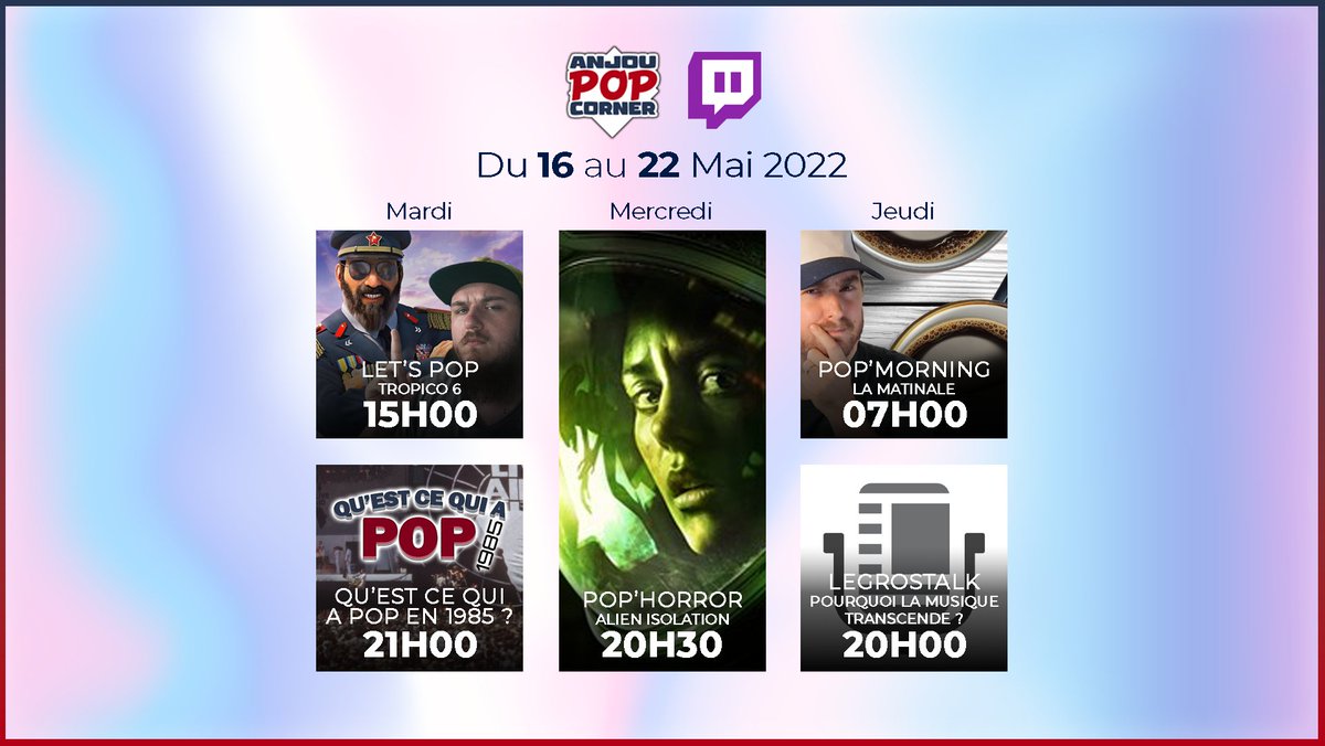 Anjou_popcorner's tweet photo. Bonjour à tous coici notre programme de live #Twitch !

Demain c'est la première de notre nouvelle émission "Qu'est-ce qui a Pop?" ! 

Jeudi, @thodalf  reçoit un invité pour vous parler de musique ! 

Un beau programme sur https://t.co/p76t1P1qOq ! https://t.co/Sn6wP6dh7H