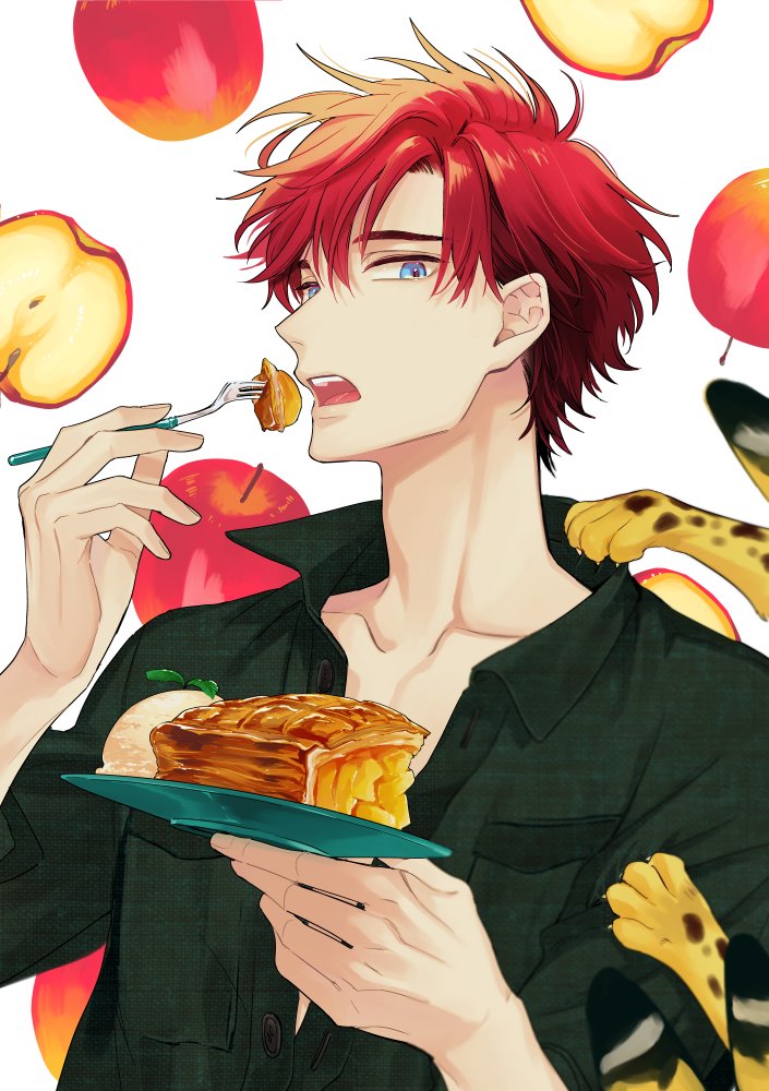 food male focus 1boy fruit plate red hair blue eyes  illustration images