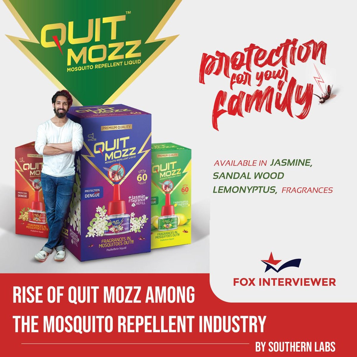 LabsSouthern's tweet photo. QuitMozz Leads Among the Mosquito Repellent Brands in India!
After continuously striving hard to protect your family from mosquito-borne diseases, we are glad to announce that your favorite brand - QuitMozz got featured on Fox Interviewer.
https://t.co/T12zRd9XFb
 #foxinterview https://t.co/GMcihtsvyW
