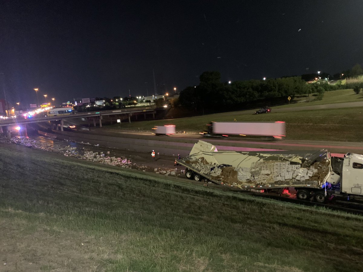 mikeforbeswfaa's tweet photo. #IAmUp In Dallas this morning a real life Humpty Dumpty! Eggs are all over WB I-30 after an 18 wheeler crash. Westbound I-30 at I-45 all lanes closed. https://t.co/BNDuKEN1ls