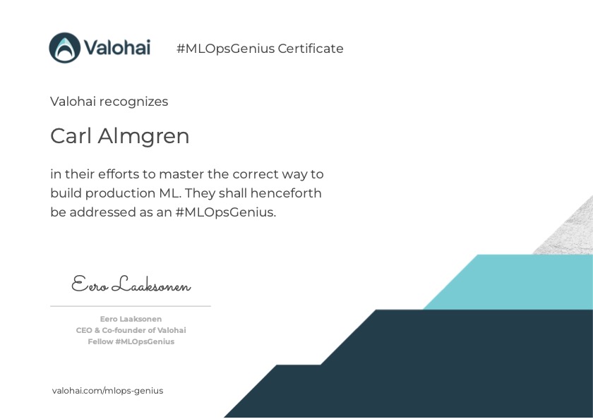 A1mgren's tweet photo. I have been waiting for this day, I'm a #MLOpsGenius Cheers, #Valohai https://t.co/Pmz7a17p7x
