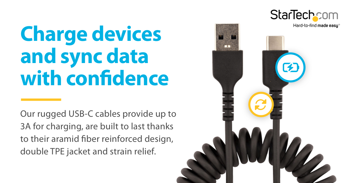 STARTECHdotCOM's tweet photo. Charge devices and sync data with confidence using our rugged USB-C cables. These cables, which provide up to 3A for charging, are #BuiltToLast thanks to their aramid fiber reinforced design, double TPE jacket and strain relief. #HardToFindMadeEasy #Rugged https://t.co/OijyUXcurH