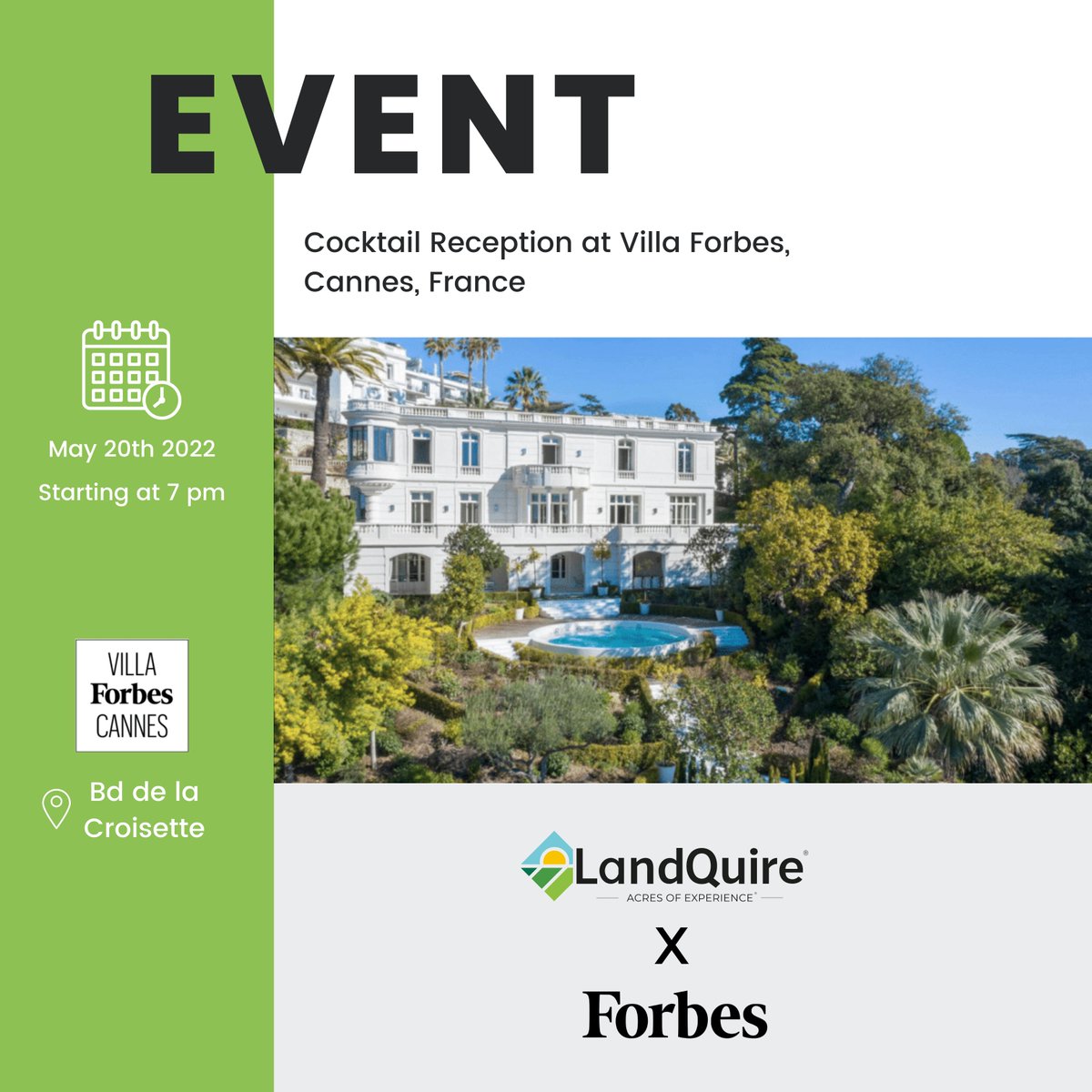 LandQuireDeals's tweet photo. Private event @LandQuireDeals  x @Forbes ✨

Friday, May 20 from 7pm, LandQuire will be at the Villa Forbes in Cannes 📍

To book an appointment with us:
Appointment in Cannes: https://t.co/8tk4wQmfC1

Appointment in Paris: https://t.co/8HmCfIFolo

#event #cannes #france #invest https://t.co/5a4iYxRfdp