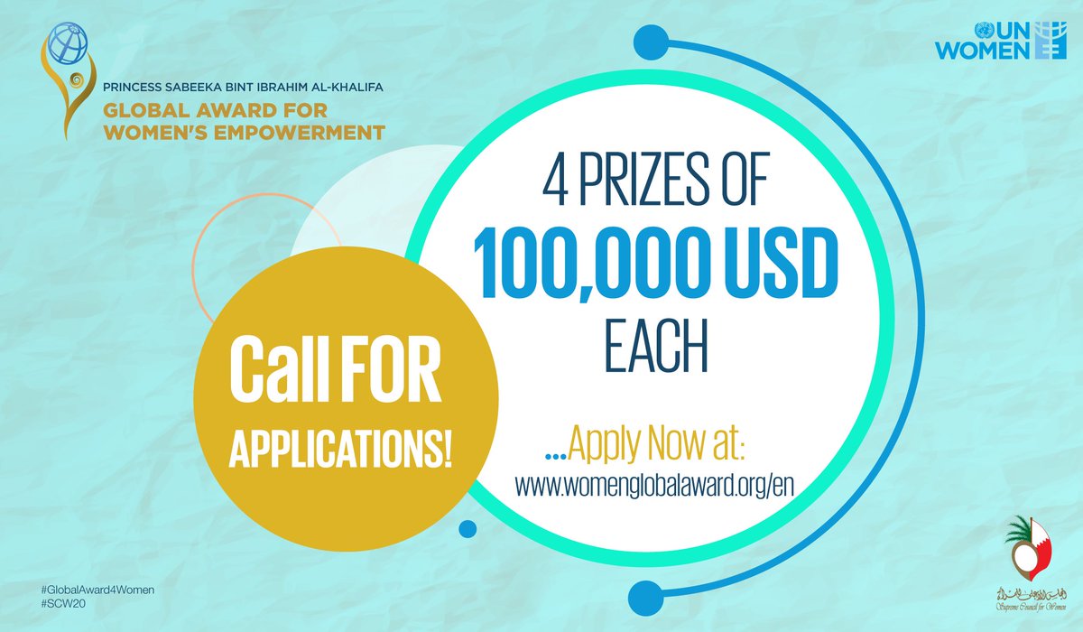 unwomenarabic's tweet photo. Do you work on initiatives to empower women? This is your chance to win 100,000 USD!

Check Princess Sabeeka Bint Ibrahim Al Khalifa #GlobalAward4Women’s Empowerment

Read more &amp; apply 👇🏾
https://t.co/QUliidkCYG
#SCW20 #Bahrain
@scwbahrain https://t.co/rZmDD0EYkd