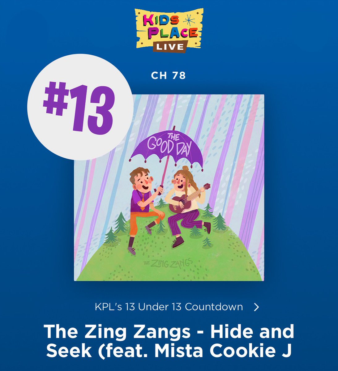 TheZingZangs's tweet photo. Wow! “Hide and Seek” is on @SiriusXM @KidsPlaceLive’s 13 Under 13 Countdown! Request our song by emailing kidsplacelive@siriusxm.com or calling 866-328-2345. ⭐️ https://t.co/9CPmp9AQ2K