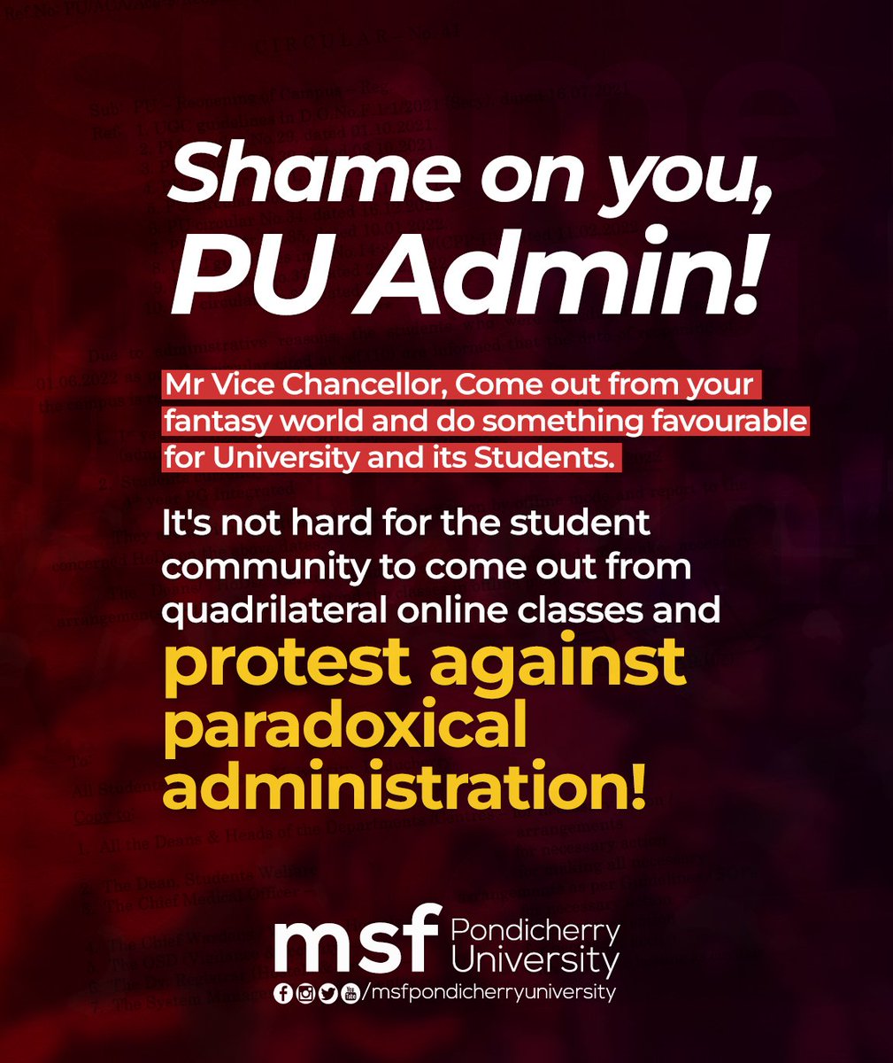 msf_pondiuni's tweet photo. msf PU strongly demands to revoke the Re-opening circular dated on 16/05/2022 immediately
@PondiUniVC
@PondicherryU
@PondyUniPro
@ugc_india
@GurmeetSinghVC
#reopenPU #revokeCircular #gurmeetsingh #pondicherryuniversity #msfpu #vc https://t.co/0qdLYza8DQ