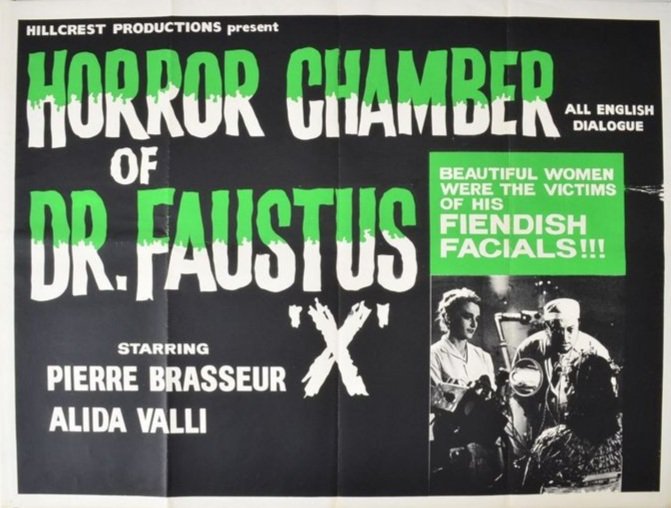 TheFilmFair's tweet image. UK cinema poster for #EyesWithoutAFace aka #HorrorChamberOfDrFaustus aka #LesYeuxSansVisage (1960 - Dir #GeorgesFranju) #PierreBrasseur #ÉdithScob #AlidaValli
