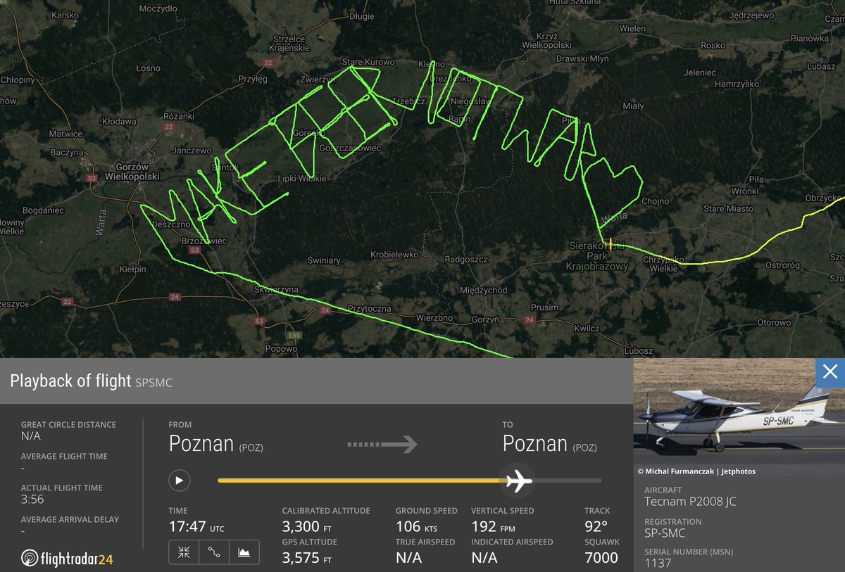 flightradar24's tweet photo. In case you missed it this weekend, a pilot in Poland took to the skies with an important message: Make Beer, Not War. https://t.co/03g8klyvK1 https://t.co/XI44hELlkr