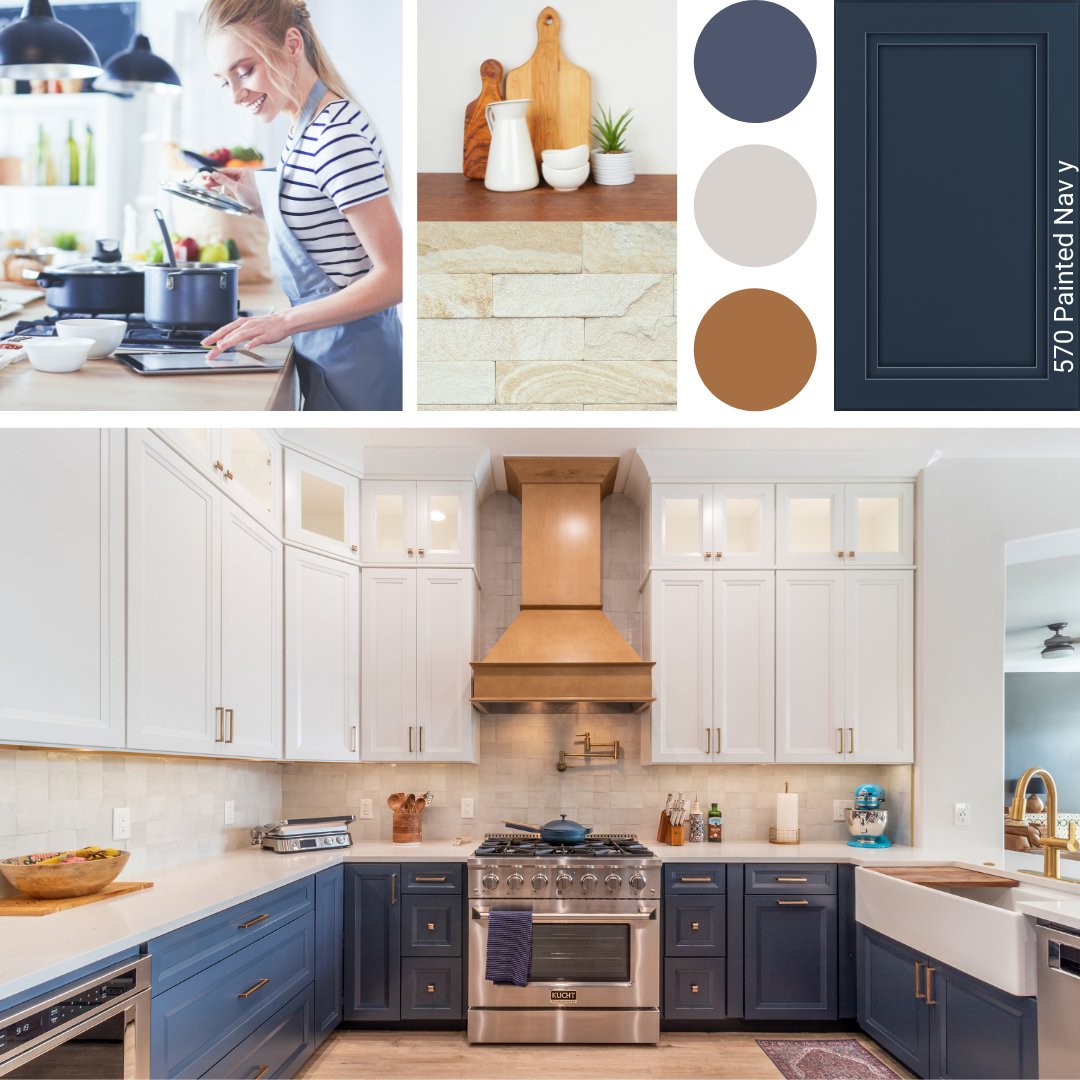 Today's #moodboardmonday is all about the blues! 🌀 Featured Cabinetry 📸: 570 Painted Navy and Painted Linen Check it out 👉 spr.ly/6015zzI47 #waypointlivingspaces #kitchen #navy #kitchendecor #remodel #home #whitecabinets