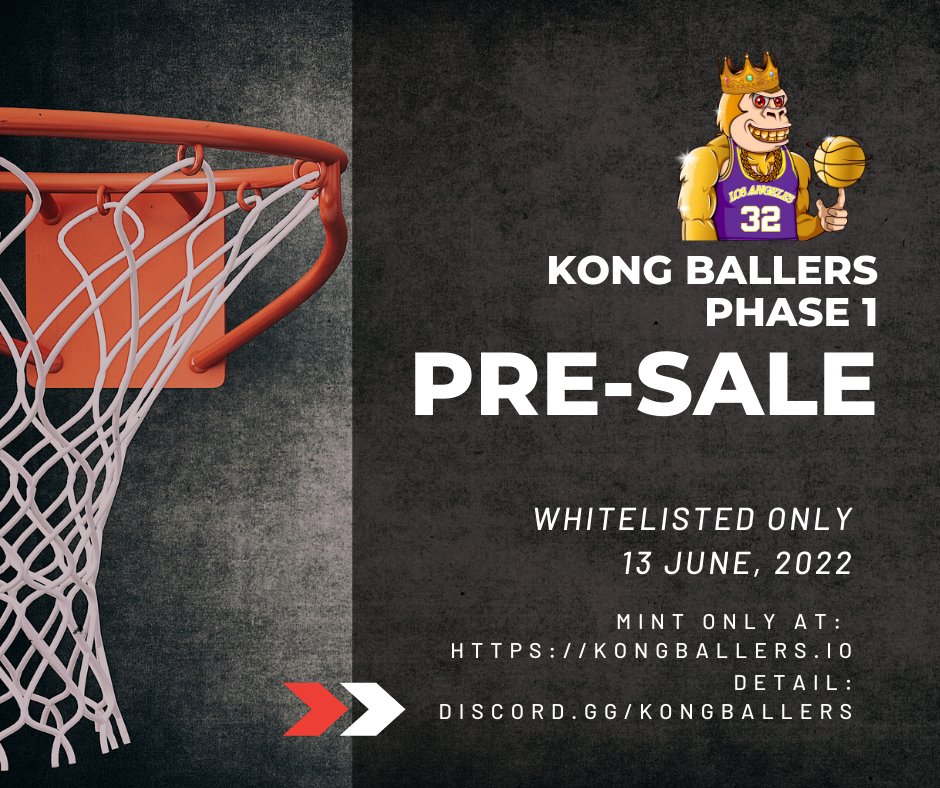 The long-awaited pre-sale date is being announced!
Phase 1 - Pre-sale announcement

Online Pre-sale: 13th June
Price: 1.7 SOL
Who can purchase in this pre-sale: Whitelisted only
Mint URL: kongballers.io (only mint from this URL, all others are fake)
