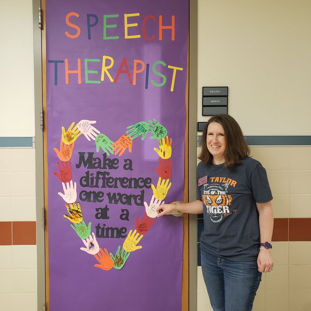 OCTKilleen's tweet photo. I have the best co-workers! This beautiful door greeted me when I got to school this morning! 
#speechpathologistday #bhsm2022 #oct4u https://t.co/KwQqJO82ZF