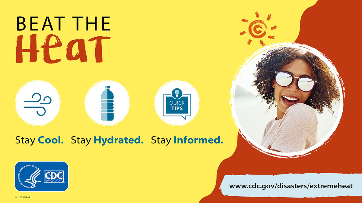 CDCgov's tweet image. Getting too hot can make you sick when your body can’t properly cool itself off. Beat the heat this summer by remembering to:
• Stay cool
• Stay hydrated
• Stay informed

More tips on how to prevent heat-related illnesses during #NationalHeatSafetyWeek: bit.ly/2SBrtgj