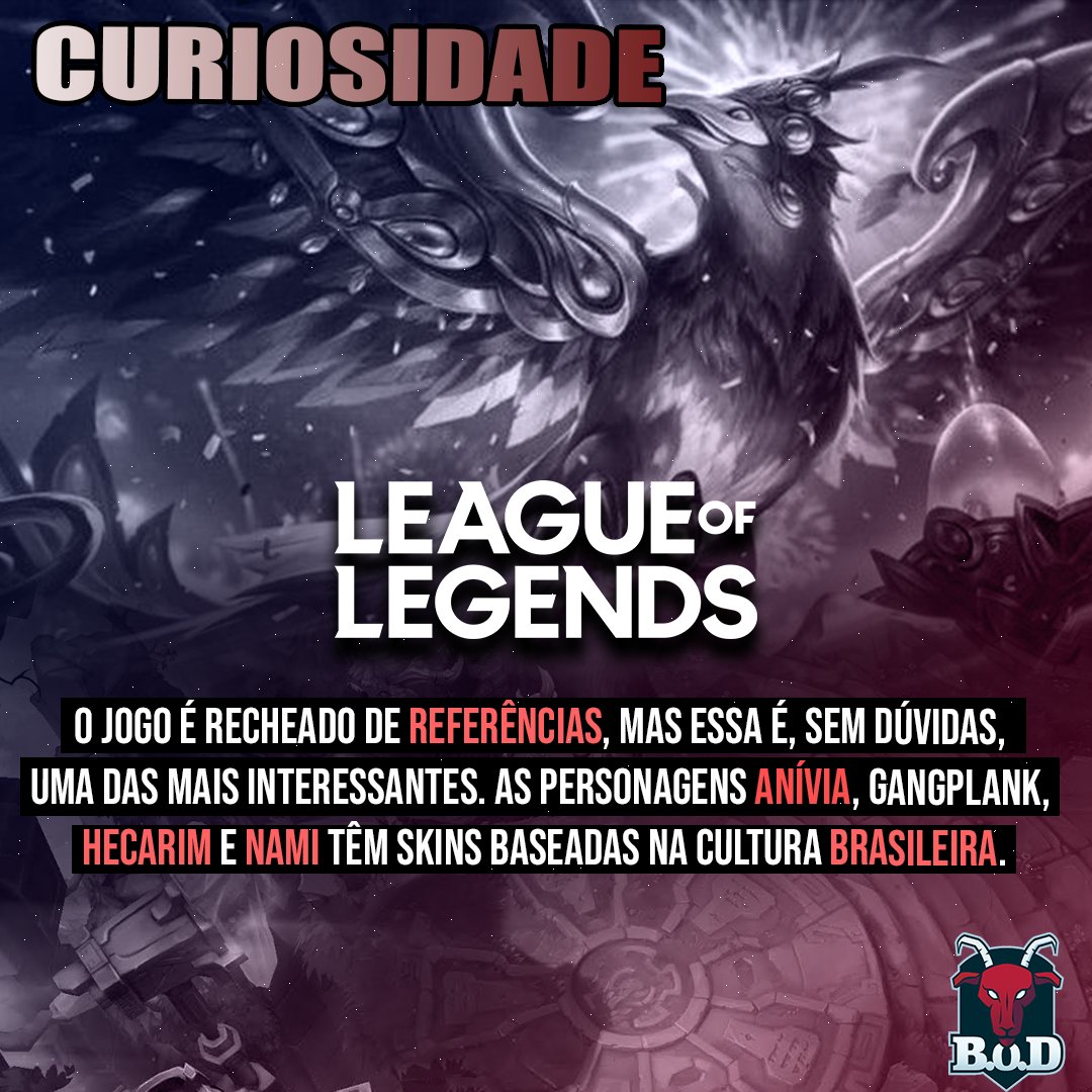 bodesportsgg's tweet photo. CURIOSIDADE!

Carnanívia: referência a popular festa do país;
Hecarim Sabugueiro: uma referência direta à flora brasileira;
Nami Iara: o folclore brasileiro está presente no jogo com essa skin.
.
.
.
#bhfyp #explorar #bodesportsgg #leagueoflegends #lol https://t.co/ejGxOn0diK