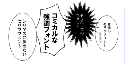 14.使用するフォントを少なめに、適材適所で使い分ける
フォントも表現の一角なので、喋りの通常フォント、
モノローグや思考のフォント、コミカルに強調するフォント、印象付けたいシリアスなフォント、書き文字用って使い分ける様にしてる。
全部同じフォントは単調に感じるし多すぎても纏まらない。 