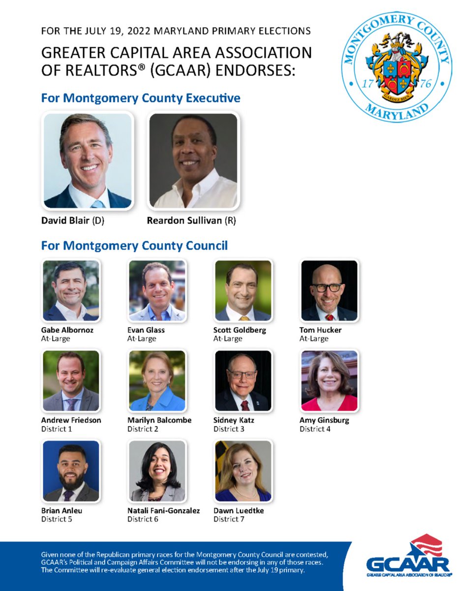 GCAARNow's tweet photo. GCAAR is proud to announce our 2022 primary election endorsements for July 19! Learn more about each candidate here: https://t.co/vlCUAOnoZ7
#gcaar #primaryelection #endorsements #montgomerycounty https://t.co/w1y81whgIc