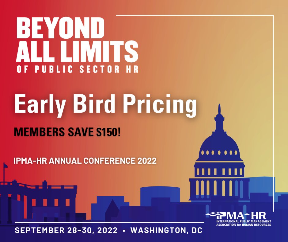 The IPMA-HR Annual Conference is back in person from September 28-30 in Washington, D.C. Members save $150 by taking advantage of our early bird rate through July 15. bit.ly/ipma-earlybird…
