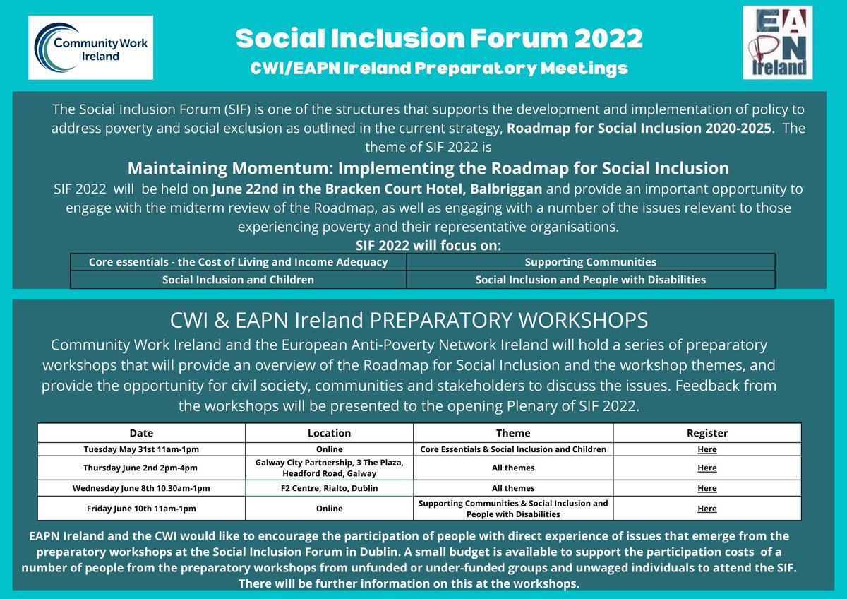 <a href="/EAPNIreland/">EAPN Ireland</a> and <a href="/CWCIreland/">CWI</a> are holding preparatory workshops for #SIF2022.This provides an opportunity for people to discuss themes re social inclusion and feed into the midterm review of the Roadmap for Social Inclusion.Further details/registration:bit.ly/3a5fJvt
