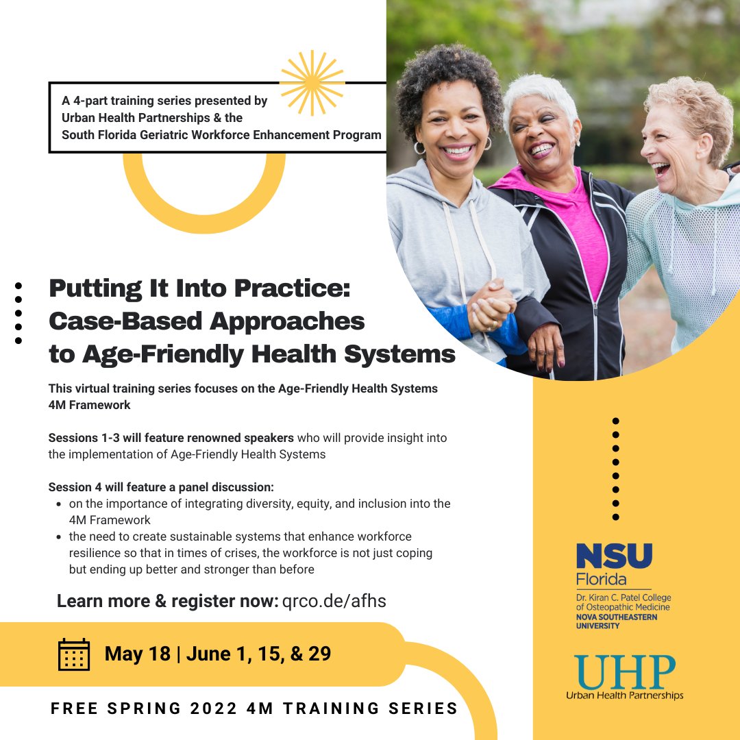 UHPartnerships's tweet photo. Register &amp; join us for FREE #agefriendly #health systems trainings! The first session is May 18

Renowned speakers from across the country will provide insight into the implementation of age-friendly health systems. 

Learn more &amp; register: https://t.co/38fCsY5qRp

#publichealth https://t.co/KbsDsnGvyZ