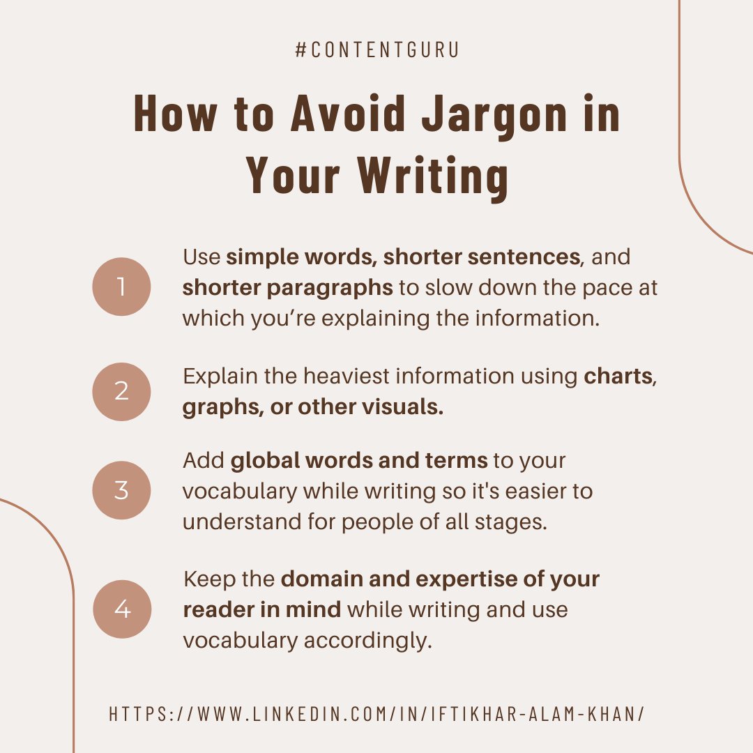 miftikharalam7's tweet photo. Here are a few ways to help you reduce jargon in your content.
Join me:
LinkedIn: https://t.co/EGPOj2lqLS
Facebook: https://t.co/CO1qAX8TIQ
Instagram: https://t.co/YJtfkAzarI         
#contentguru #contentwriters #contentwriting #contenttips #contentwritingtips #contentmarketing https://t.co/DjS9dEAwAD