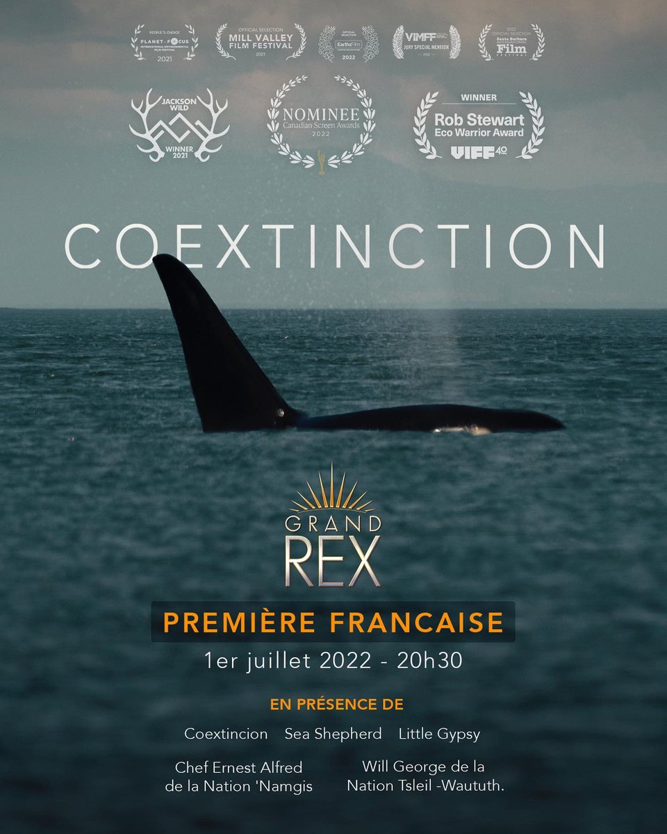 Rendez-vous le 1er juillet à 20h30 au <a href="/LeGrandRex/">Le Grand Rex</a> pour la première française de Coextinction 🌊
Ce documentaire parle des 74 dernières orques résidentes du sud au Canada.
🎟Pour réserver vos place pour cette belle soirée : legrandrex.cotecine.fr/reserver/F5602…