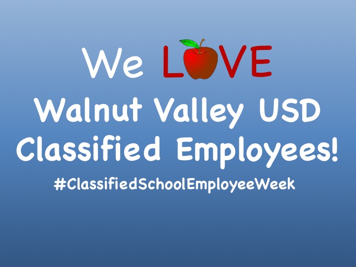 WVUSD_Tweet's tweet image. It&apos;s CLASSIFIED SCHOOL APPRECIATION WEEK! Thank you, amazing Walnut Valley staff members for putting &apos;Kids First&apos; each and every day. #KidsFirst #TogetherAgain #ReconnectRestoreReimagine #ClassifiedSchoolEmployeeWeek