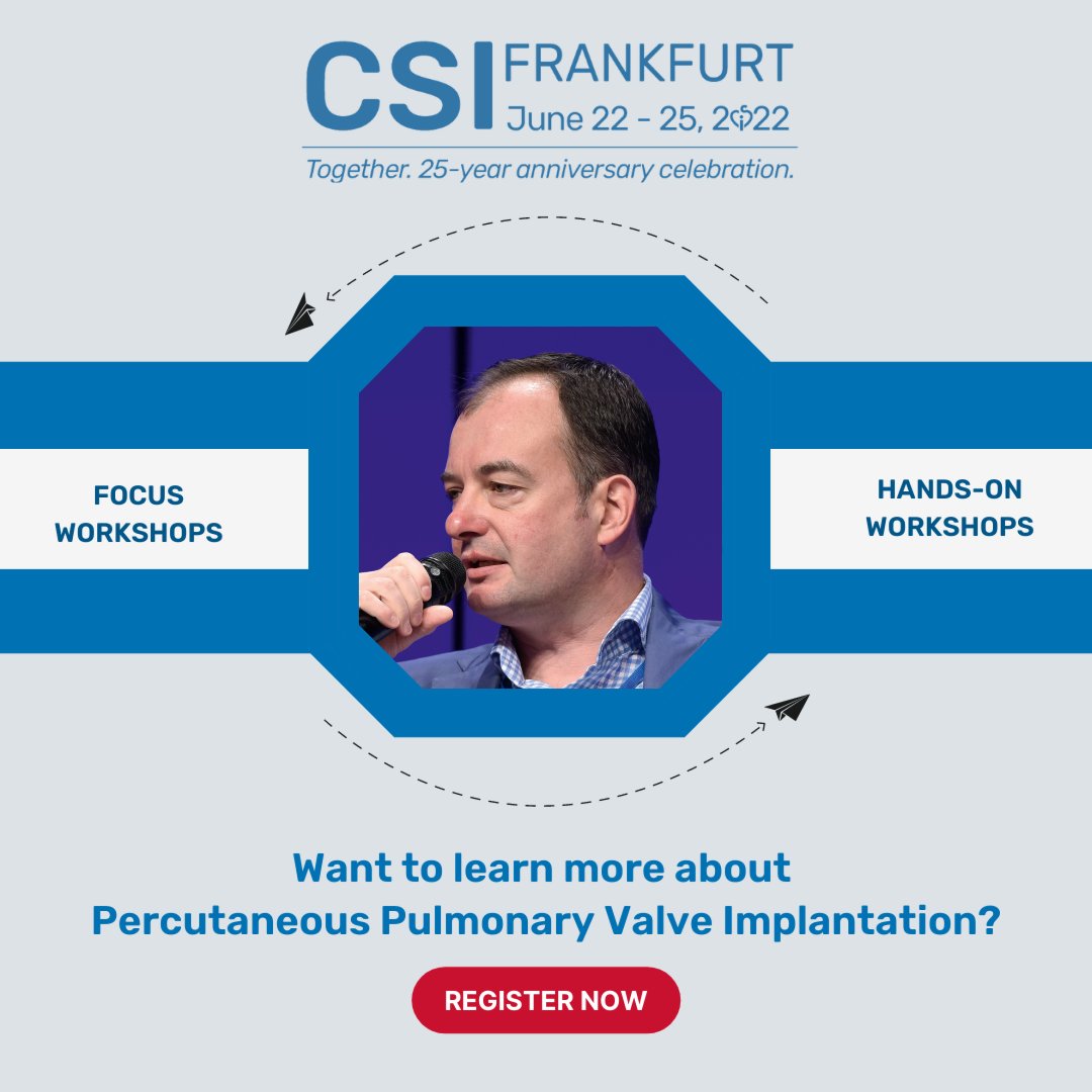 CSIcongress's tweet photo. This summer, you can learn about Percutaneous pulmonary valve implantation (#PPVI) and other congenital interventions at the anniversary edition of #CSIFrankfurt.
Join us for the 4 day scientific program!

Sign up here: https://t.co/D7ZTBpGti2

#cardiology #cardiovascular https://t.co/huIHVhQCGT