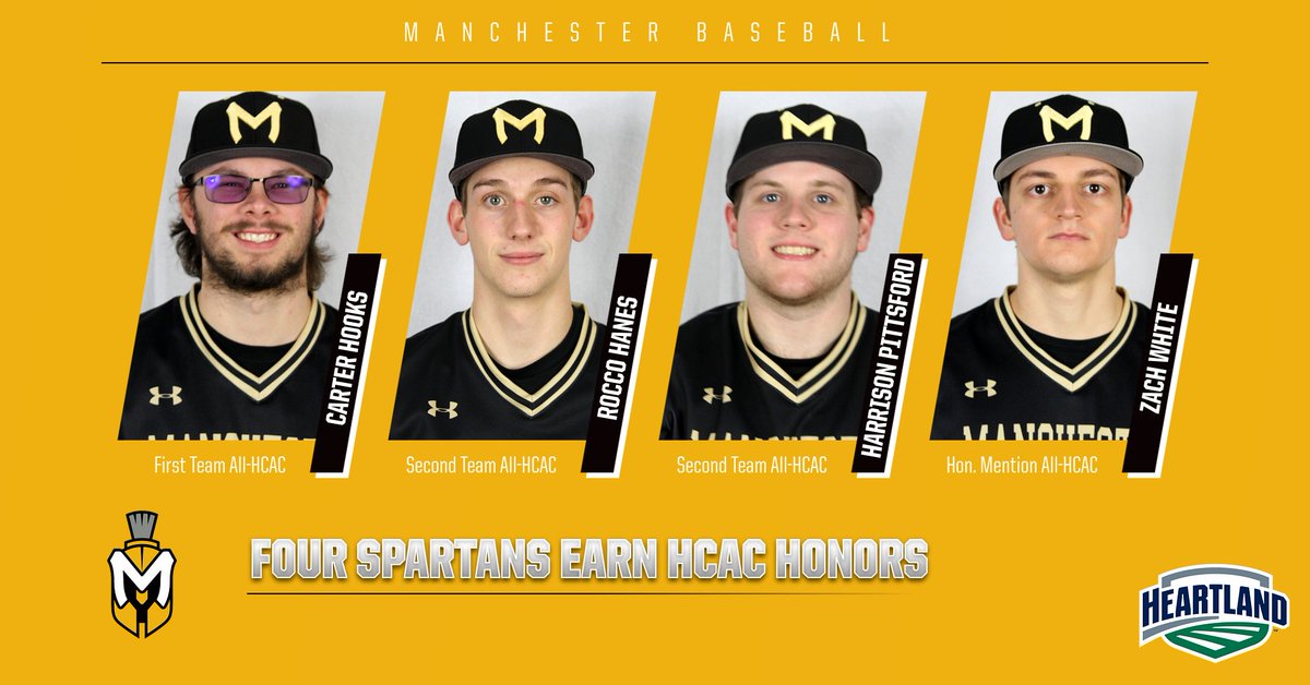 Manchester University Athletics (@muspartans) on Twitter photo BASE: Four Spartans were recognized by the <a href="/HCACDIII/">Heartland Collegiate Athletic Conference</a> for their efforts this season - congrats to Carter Hooks (1st Tm), Rocco Hanes & Harrison Pittsford (2nd Tm), and Zach White (HM) for earning All-HCAC honors!
Read: bit.ly/3yEZ2RL
#MUSpartans l #SpartanPride BASE: Four Spartans were recognized by the <a href="/HCACDIII/">Heartland Collegiate Athletic Conference</a> for their efforts this season - congrats to Carter Hooks (1st Tm), Rocco Hanes & Harrison Pittsford (2nd Tm), and Zach White (HM) for earning All-HCAC honors!
Read: bit.ly/3yEZ2RL
#MUSpartans l #SpartanPride