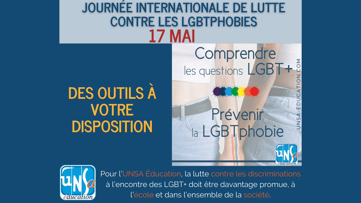 UNSA_Education's tweet photo. Demain, 17 mai, sera la journée internationale dédiée à la promotion de toutes les actions de prévention et de sensibilisation qui permettent de lutter contre les LGBTphobies. L' #UnsaEduc, engagée dans cette lutte, propose de nombreuses ressources ici ➡️ https://t.co/PcdRwmSF8p https://t.co/dnxFII5d2H