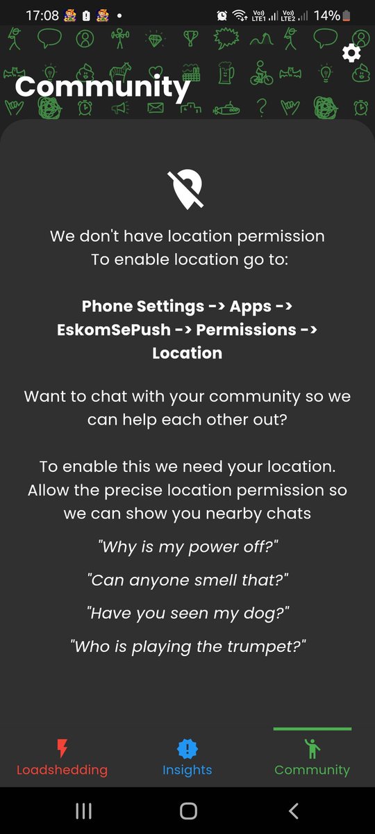 Darcoza's tweet photo. @EskomSePush My app always show this, even with Location permission always allowed. https://t.co/JhAyw9CObI