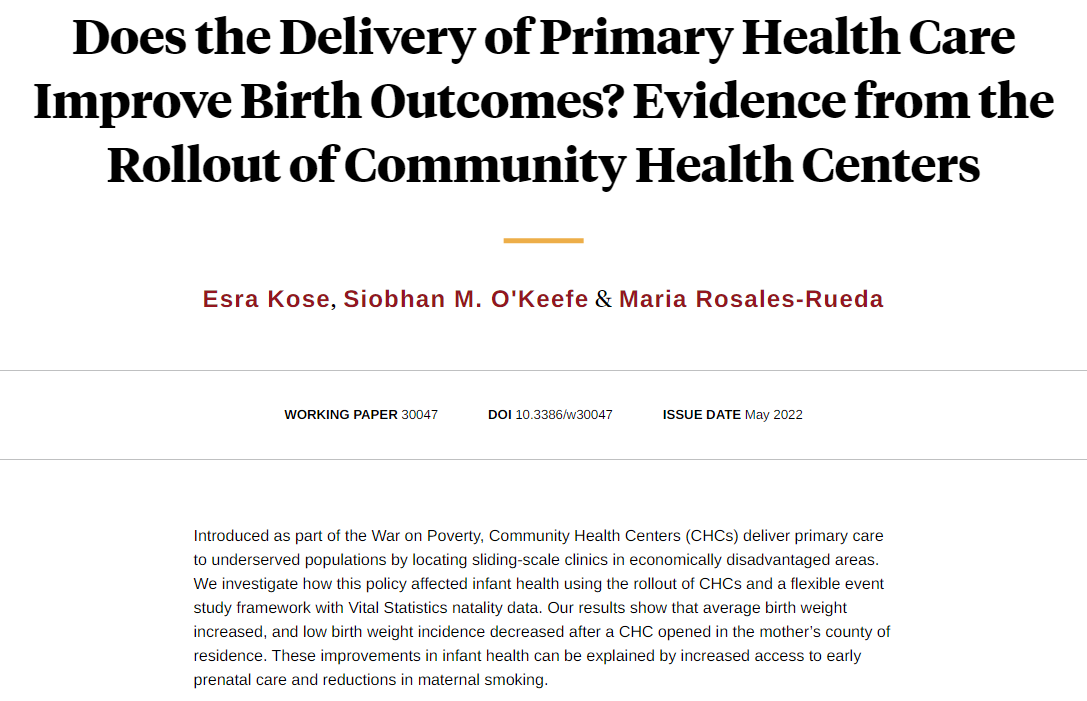 NBER (@nberpubs) on Twitter photo Government provision of primary health care improves health at birth for mothers and infants who have access to a Community Health Center during pregnancy, from <a href="/ekose86/">Esra Kose</a>, <a href="/smokeefe_/">Siobhan O'Keefe (smokeefe.bsky.social)</a>, and <a href="/Mafe_Rosales_R/">Maria F Rosales</a> nber.org/papers/w30047 Government provision of primary health care improves health at birth for mothers and infants who have access to a Community Health Center during pregnancy, from <a href="/ekose86/">Esra Kose</a>, <a href="/smokeefe_/">Siobhan O'Keefe (smokeefe.bsky.social)</a>, and <a href="/Mafe_Rosales_R/">Maria F Rosales</a> nber.org/papers/w30047