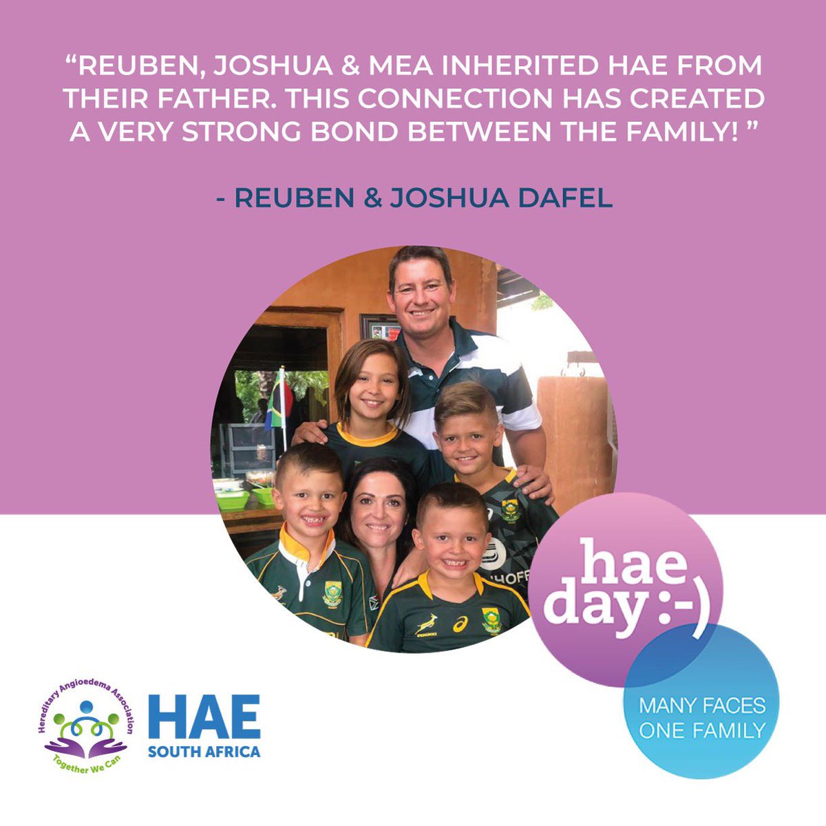 HAE_SouthAfrica's tweet photo. It’s #HAEDay2022 and this week we are celebrating some of the members of our HAE SA community - today we are featuring the Dafel Family. #HAESA #TogetherWeCan #HAEDay 

#knowhae #haeawareness #livingwithhereditaryangioedema #hereditaryangioedema #hereditaryangioedemaawareness https://t.co/WLSsQC7noU