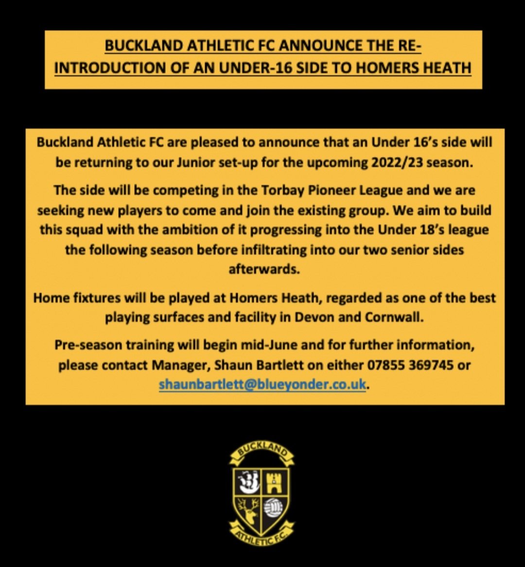 ⚽️ U16'S RETURN TO HOMERS HEATH ⚽️

Buckland Athletic FC are pleased to announce that an Under 16's side will be returning to our junior set-up for the upcoming 2022/23 season.

⬇️ More information and squad recruitment details below.