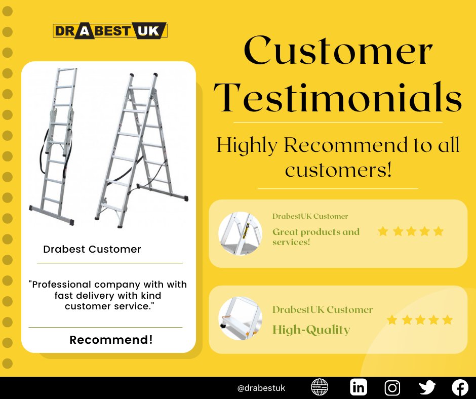 See what our customers are saying about us! 🤗

Leave your reviews and testimonials on your experience with us on our website, Google, Facebook and more platforms! 🤩

#drabestuk #ladders #sale #products #testimonials #reviews #customers #customerfeedback #customerexperience