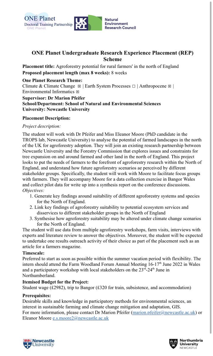 Join @marion_pfeifer and I for the <a href="/ONEPlanetDTP/">ONE Planet DTP</a> summer internship opportunity looking at the potential of agroforestry in Northumberland @SciencesNCL