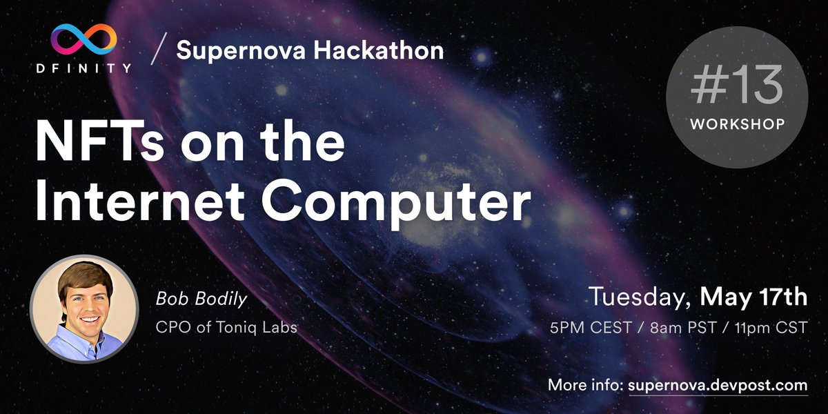 DFINITYDev's tweet photo. #Supernova Hackathon workshop series: NFTs on the Internet Computer w/@BobBodily
The founder of @toniqlabs will talk about the power of NFTs on the #IC, potential use case and new features on @EntrepotApp.

Join us on May 17, 5pm CEST | 8am PST | 11pm CST https://t.co/ZB1rCBbNyq https://t.co/qx95UN0GCm