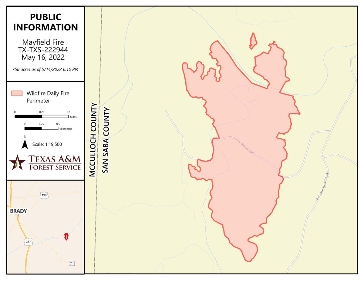AllHazardsTFS's tweet photo. Public information map of the #MayfieldFire in San Saba County showing 758 acres as of May 16, 2022. https://t.co/HjSL5ZrC5u