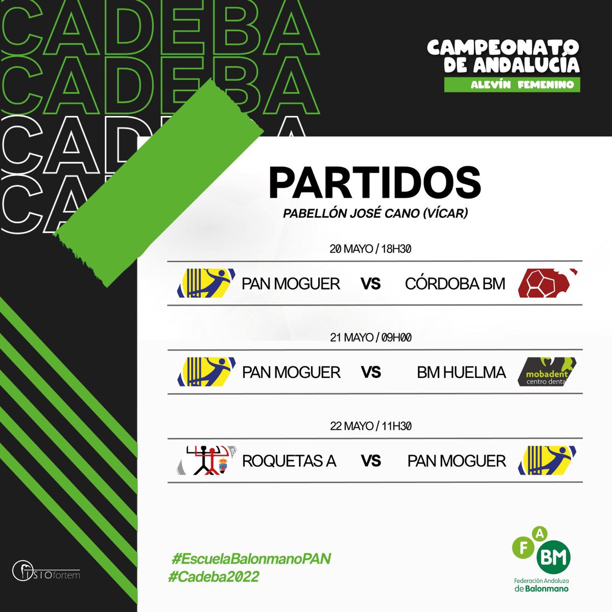 CBMPAN's tweet photo. 🕒 Estos serán los horarios de los partidos de nuestras alevines del FISIOfortem PAN Moguer en el 🏆 Campeonato de Andalucía que disputarán a partir del 🗓 viernes 20 de mayo.

¡Vamos PAN! 👏🏻

💛💙 #EscuelaBalonmanoPAN #cadeba22 #moguereselpan https://t.co/Nfcf5zd2v4